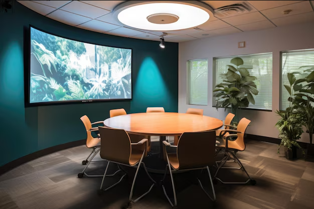 Spotless small round corporate room with elegant decor and comfortable seating, reflecting the high standards of a commercial cleaning service for professional meetings.