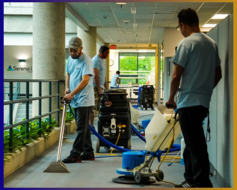 Kings Cleaners team member polishing a floor, expert floor cleaning and polishing services in Ontario for spotless, shiny surfaces.