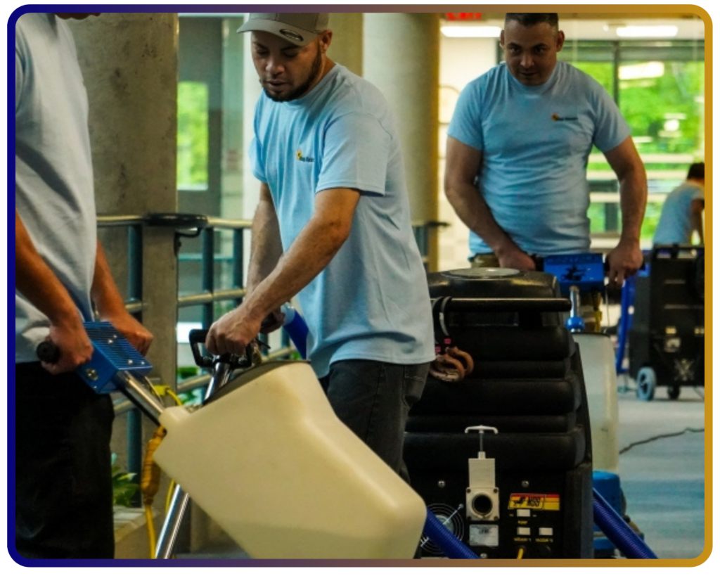 Kings Cleaners team member polishing a floor, expert floor cleaning and polishing services in Ontario for spotless, shiny surfaces.